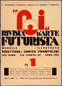 Futurist journal cover by Enrico Prampolini that features bold letters, colors, and sharp shapes to present futurist themes