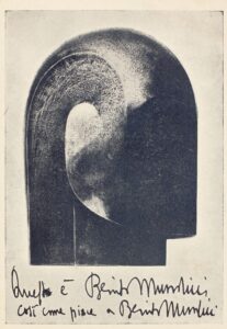 This is a postcard with Thayaht's sculpture of Benito Mussolini's head on it. Translated into English, Benito Mussolini wrote on the postcard "This is Benito Mussolini, just like Benito Mussolini likes it" and sent it back to Thayaht.