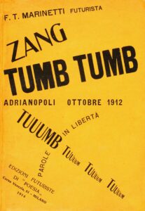 Printed on a yellow background, Zang Tumb Tumb is written in large on the top, with Tuumb Tuuum Tuuum Tuuum going across the page, each one getting smaller.